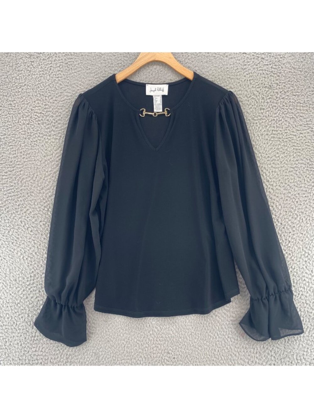 Joseph Ribkoff Top Womens 14 Black Long Bell Sleeves Silver Snaffle Keyhole Neck